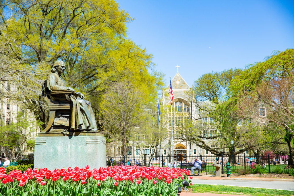 John Carroll statue in Spring