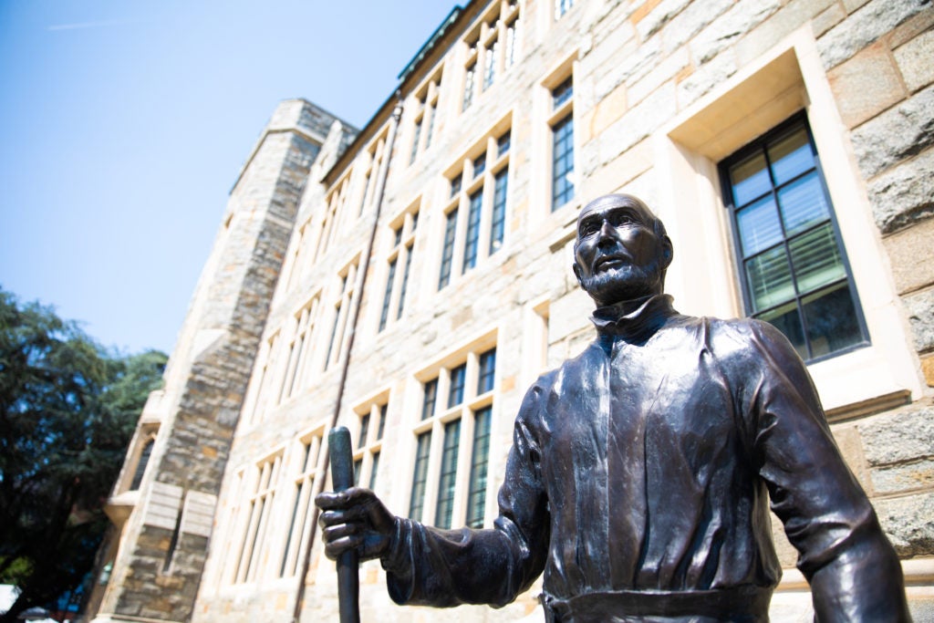 St. Ignatius statue in front of White Gravenor Hall