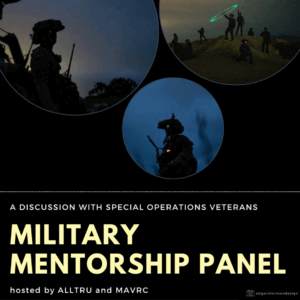 A poster for a Military Mentorship Panel. Features silhouettes of soldiers at night, text about the event details, and a calm, serious tone.