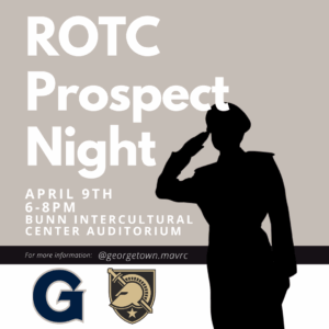 Silhouette of a saluting soldier next to bold text: "ROTC Prospect Night," details April 9th, 6-8 PM, at Bunn Center. Logos and social media info below.