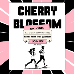 Cherry Blossom 5K and 10K race poster. Bold text with pink highlights, featuring two runners and event details: March 29, 2025, 7:45 am, Haines Point Trail.