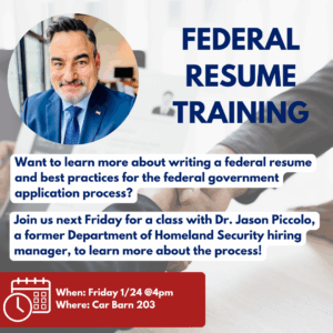 Flyer for Federal Resume Training featuring a smiling man in a blue suit. Text details a class with Dr. Jason Piccolo.