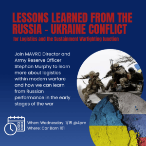 Announcement for a discussion on logistics and warfare lessons from the Russia-Ukraine conflict, featuring soldiers in action and a Ukraine flag overlay