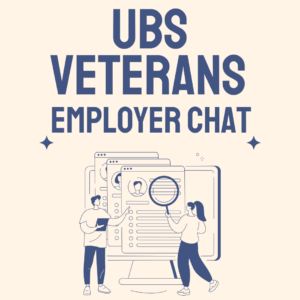 "Illustration of two people examining digital profiles on screens. Text reads 'UBS Veterans Employer Chat'. Professional and welcoming."