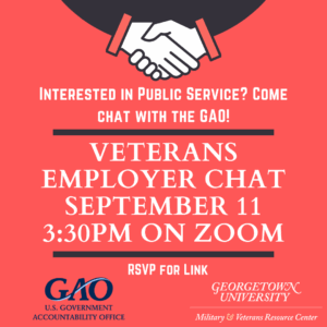 Graphic for a Veterans Employer Chat event on September 11 at 3:30 PM via Zoom. Features handshake icon, and logos for GAO and Georgetown University.