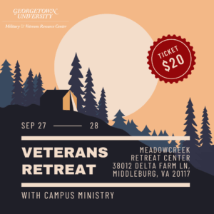 Silhouette of a cabin and pine trees against a large moon and orange sky with text promoting a Veterans Retreat on Sep 27-28, priced at $20.