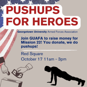 Fundraising poster titled "Pushups for Heroes" by GUAFA. Features a silhouette doing push-ups, donation graphics, and an American flag motif.