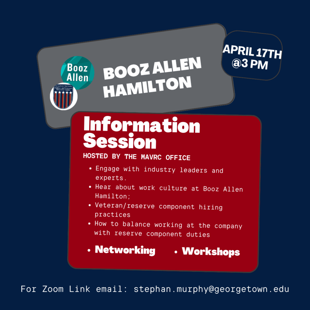 Informative Booz Allen Hamilton session flyer with key session details, including networking, workshops, and culture insights, on April 17th at 3 PM.