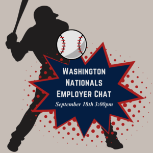 Silhouette of a baseball player swinging a bat with a baseball and starburst graphic. Text: "Washington Nationals Employer Chat, September 18th, 3:00pm."