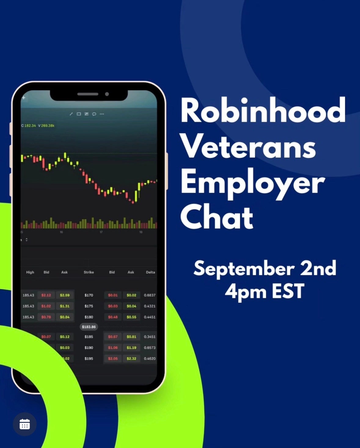 blue event flyer with a smartphone and the words 'robinhood veterans employer chat'