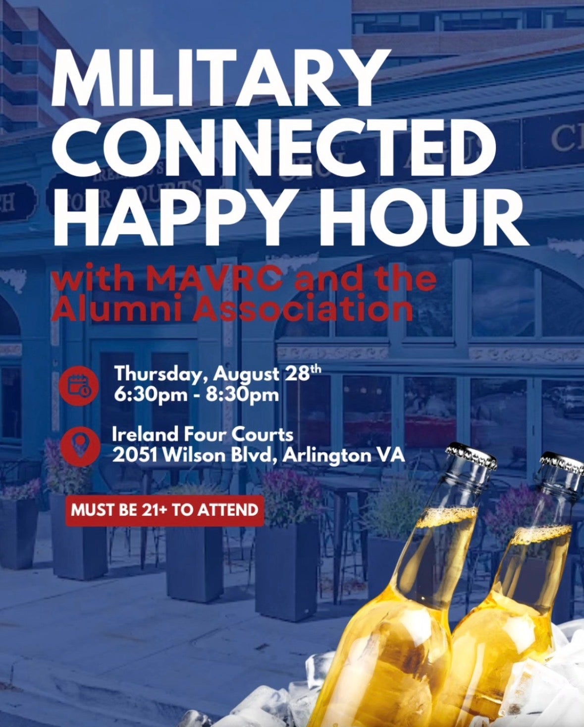 event flyer for a 'military connected happy hour' with a blue building background and pictures of drinks in the bottom right corner