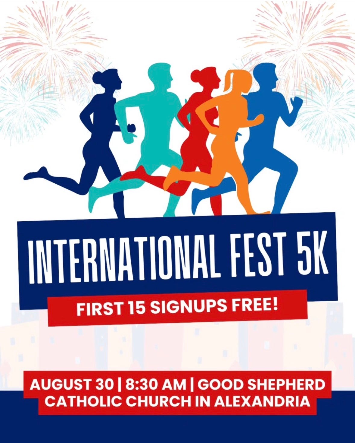 Event flyer for an international fest 5k with colored silhouettes of runners