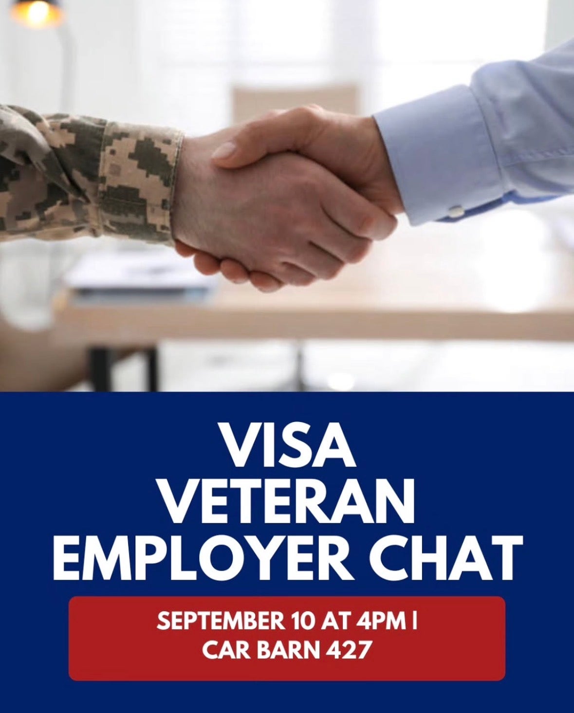 Event flyer for a visa veteran employer chat with hands shaking above the words