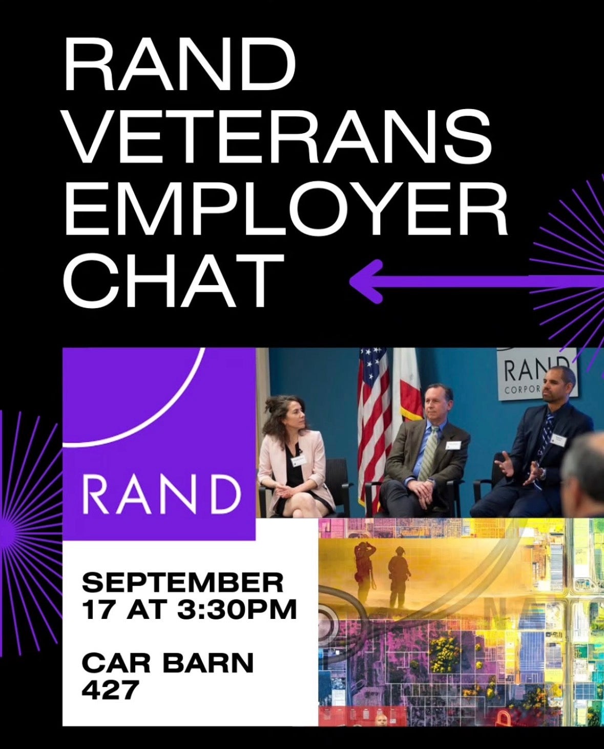 Event flyer for a RAND veterans employer chat with pictures of a speaker panel and the purple RAND logo