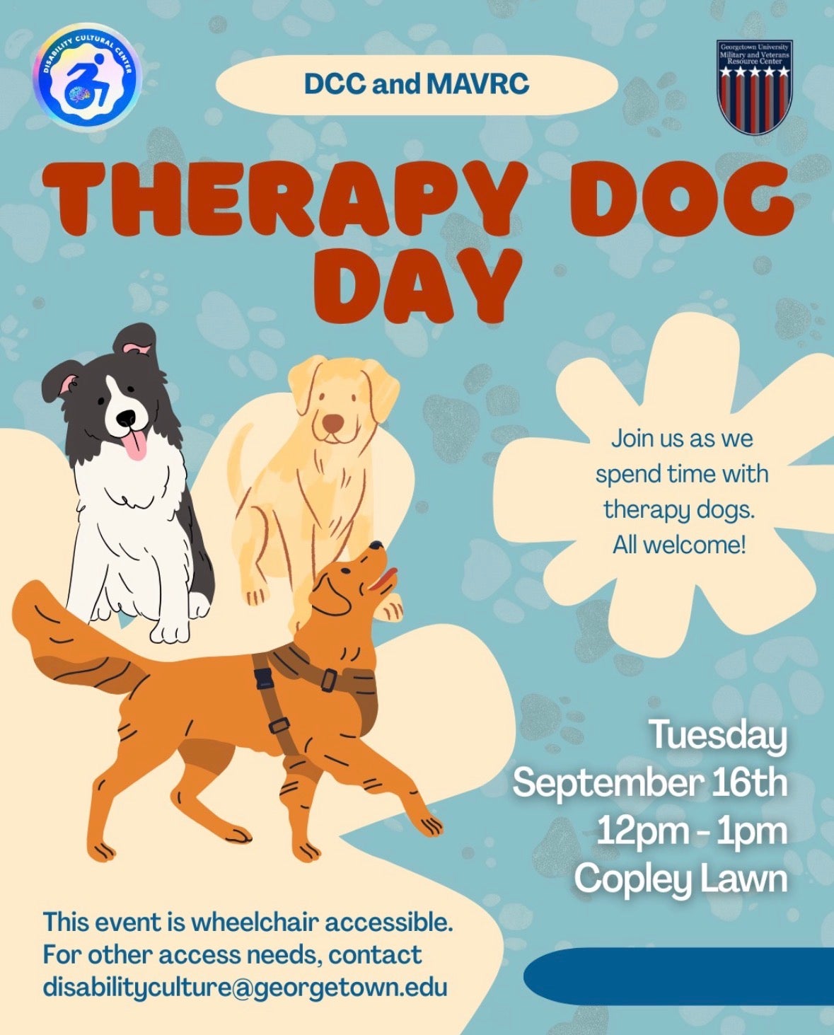 Event flyer for a therapy dog day with a blue and white flower background and clip art of 3 dogs on the left