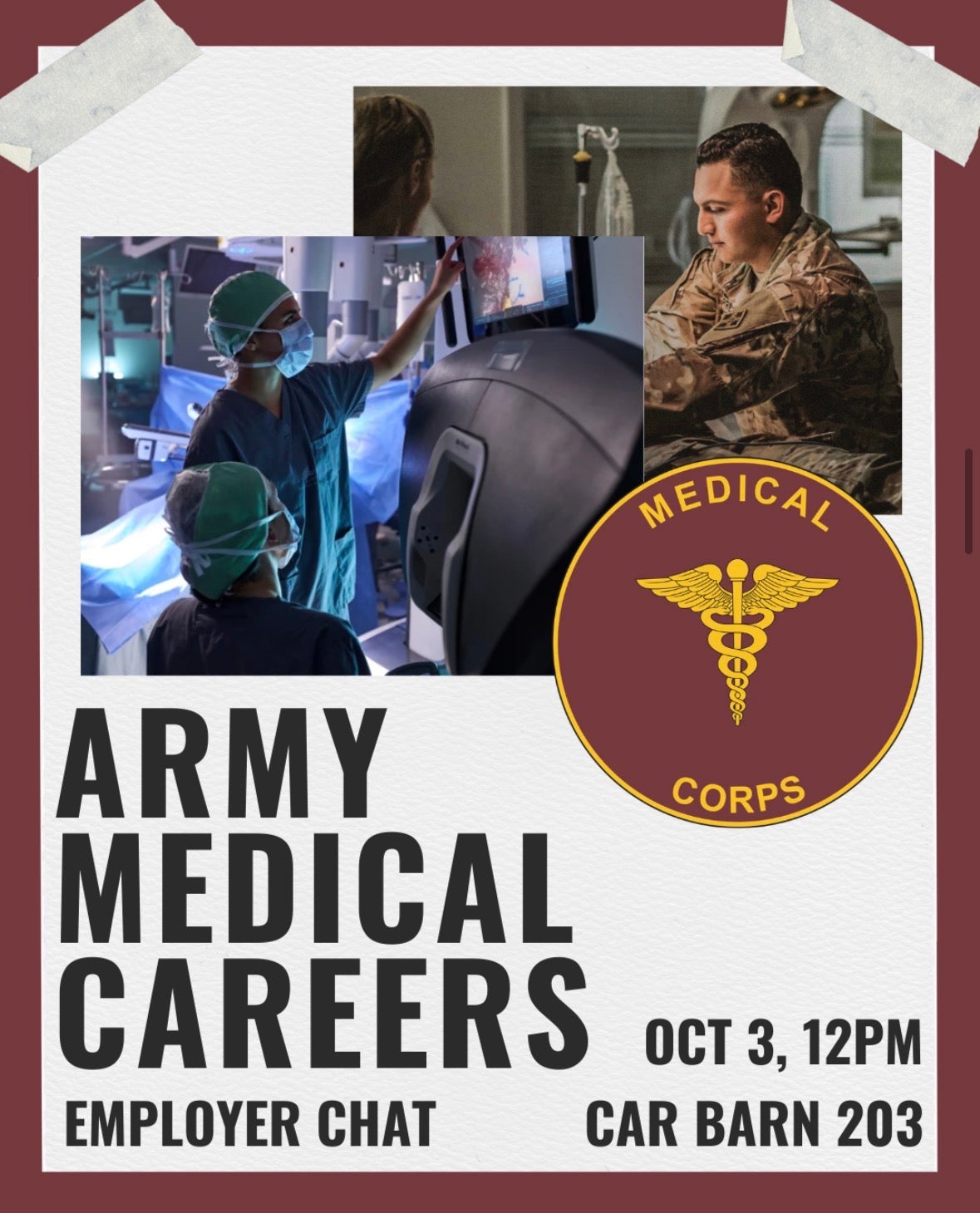 Event flyer for an army medical careers employer chat with the medical corps logo and a photo of doctors in uniform