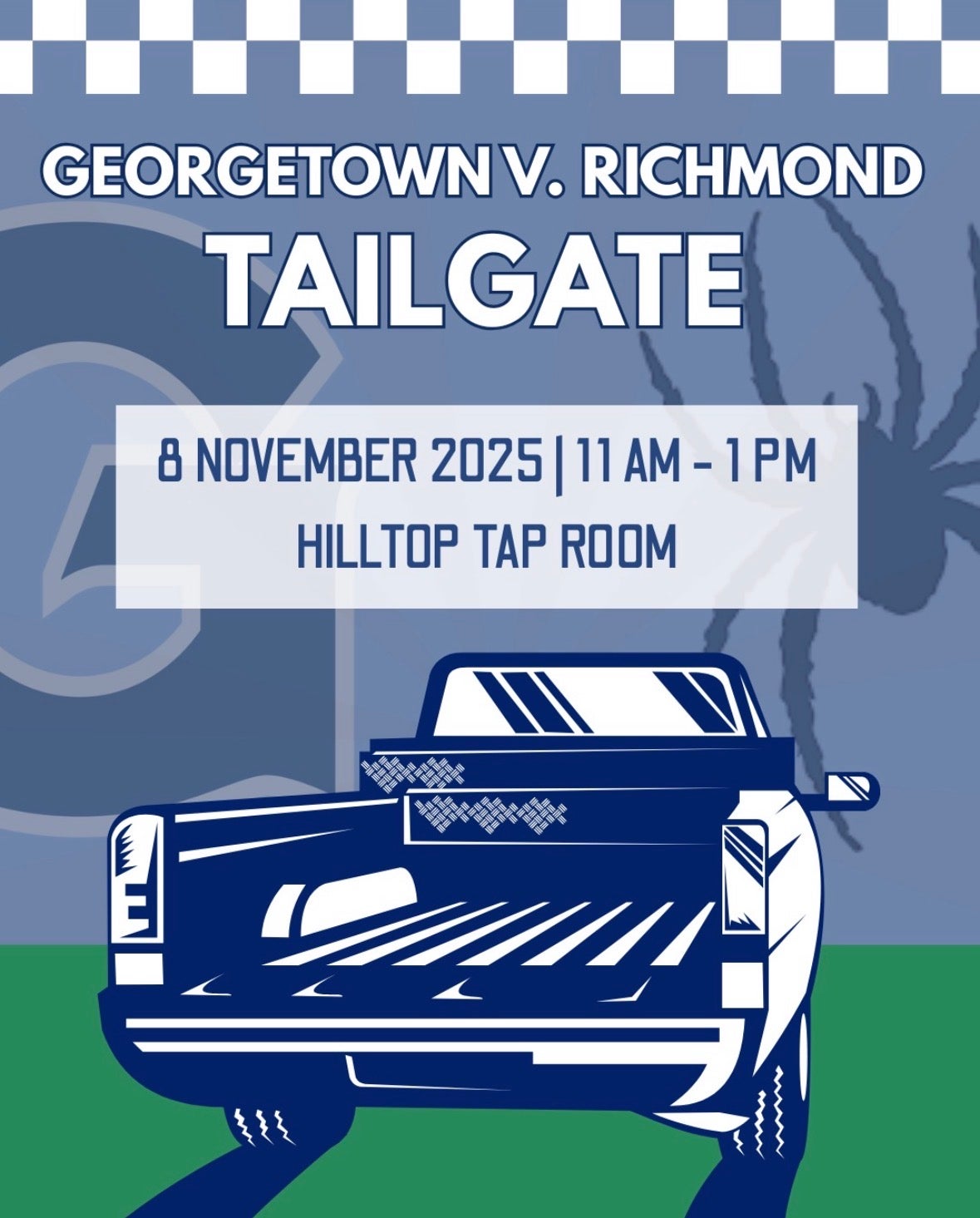 Event flyer for a Georgetown v. Richmond tailgate with pickup truck below the words and both schools' logos in the background