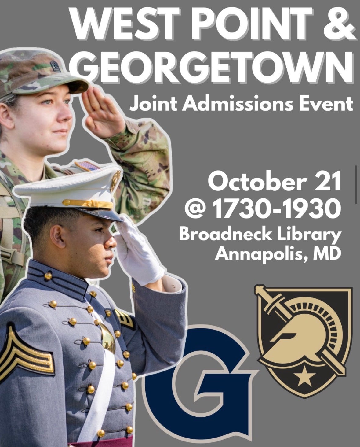 Event flyer for a west point and Georgetown admissions event featuring both schools' logos and cadets saluting on the left