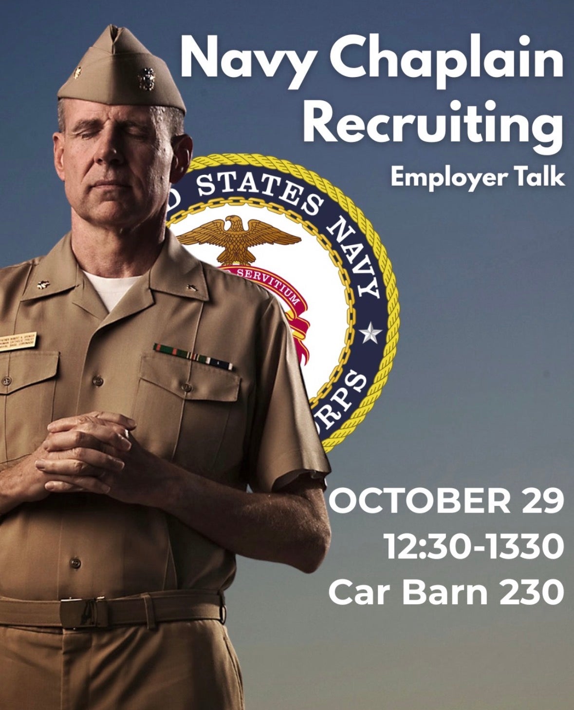 Event flyer for a navy chaplain recruiting event with a picture of a chaplain and the navy seal to the left of the words
