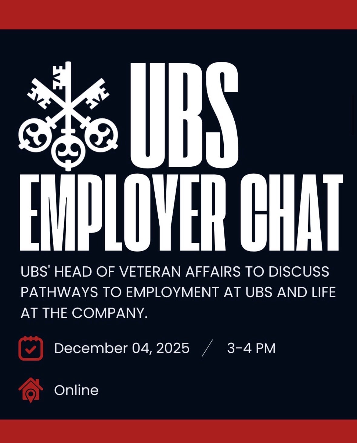 Event flyer for a UBS veterans employer chat with the logo in white over a black background