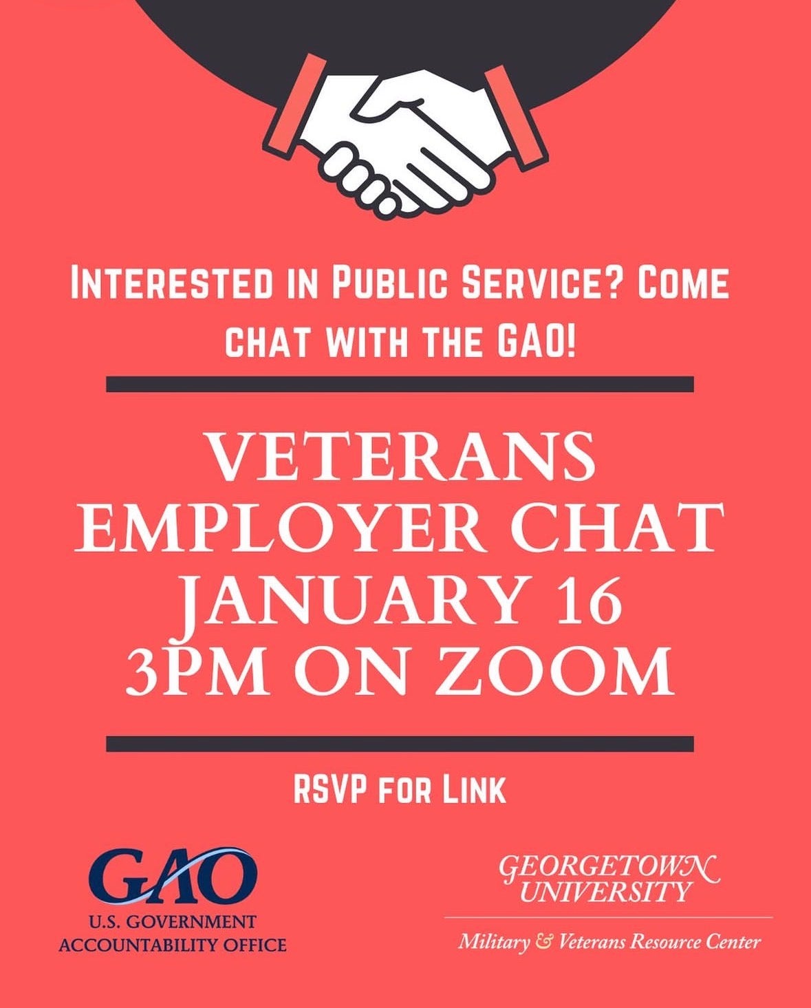 Red event flyer for a veterans employer chat with GAO featuring clipart of shaking hands and GAO and Georgetown logos