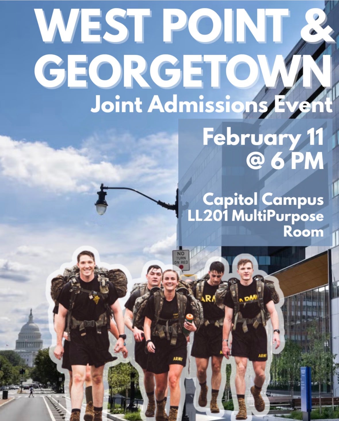Event flyer for a West Point and Georgetown admissions event with cadets running and a city building in the background