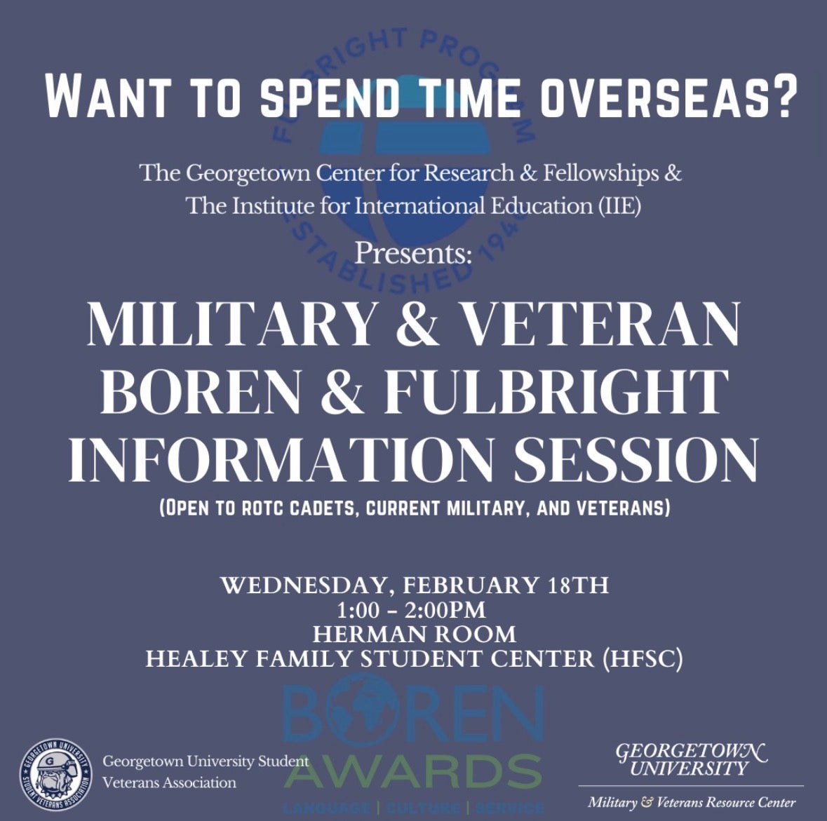 Event flyer for a military & veteran boren & fullbright information session with a blue-grey background and Georgetown logos