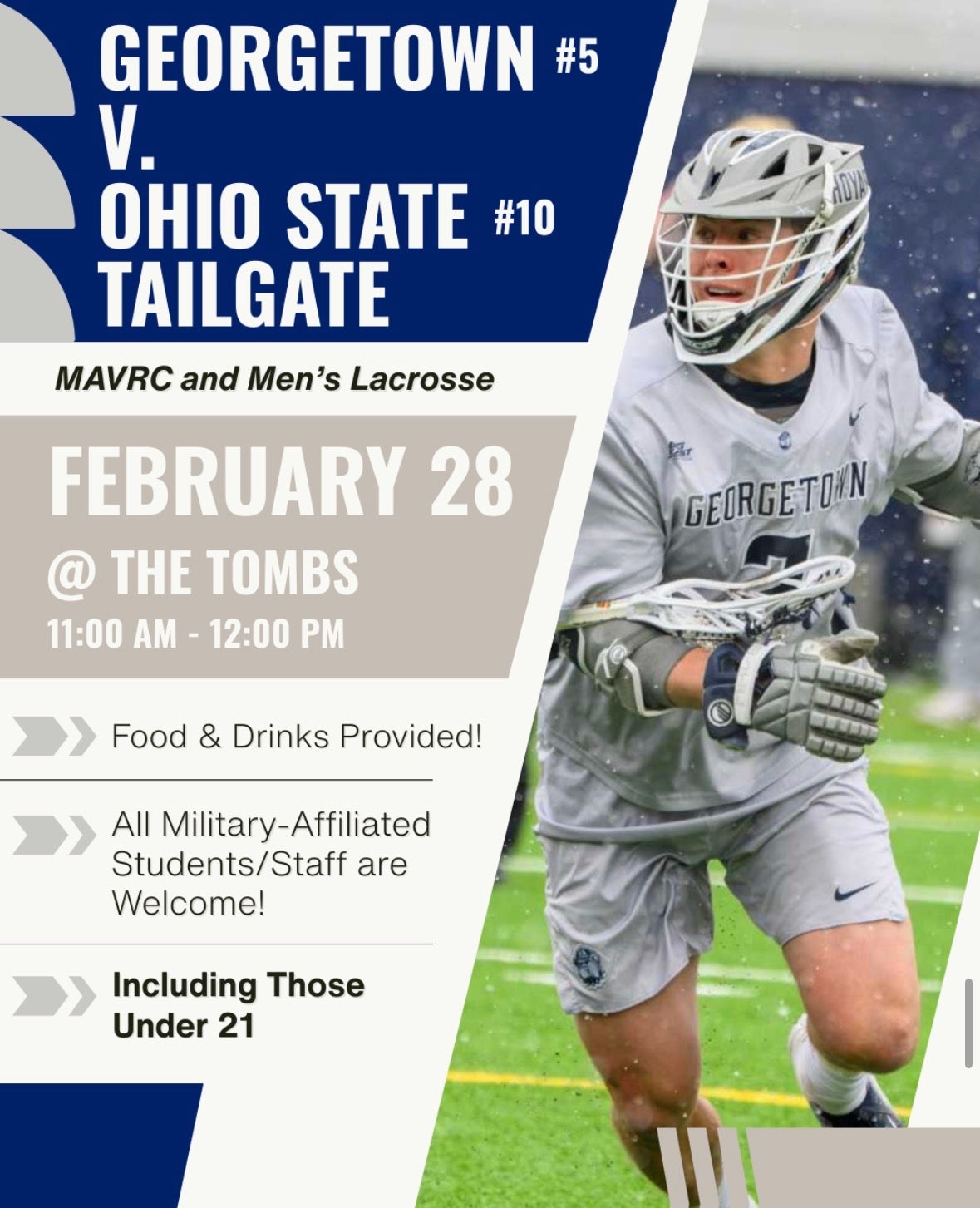 Event flyer for a Georgetown v. Ohio State tailgate with a lacrosse player to the right of the text