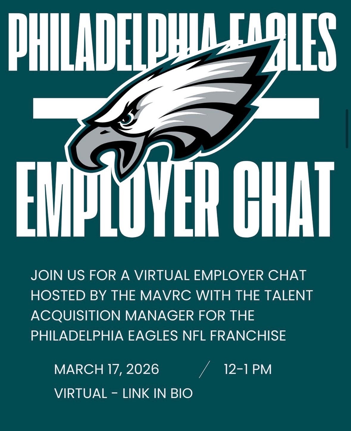 Event flyer for a philadelphia eagles employer chat with a green background and eagles logo in the middle of the text