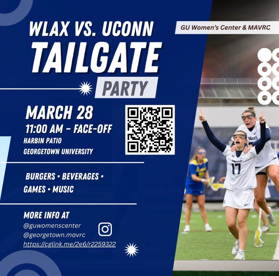 Event flyer for a women's lacrosse vs. UConn tailgate party with pictures of female lacrosse players on the field to the right of the text