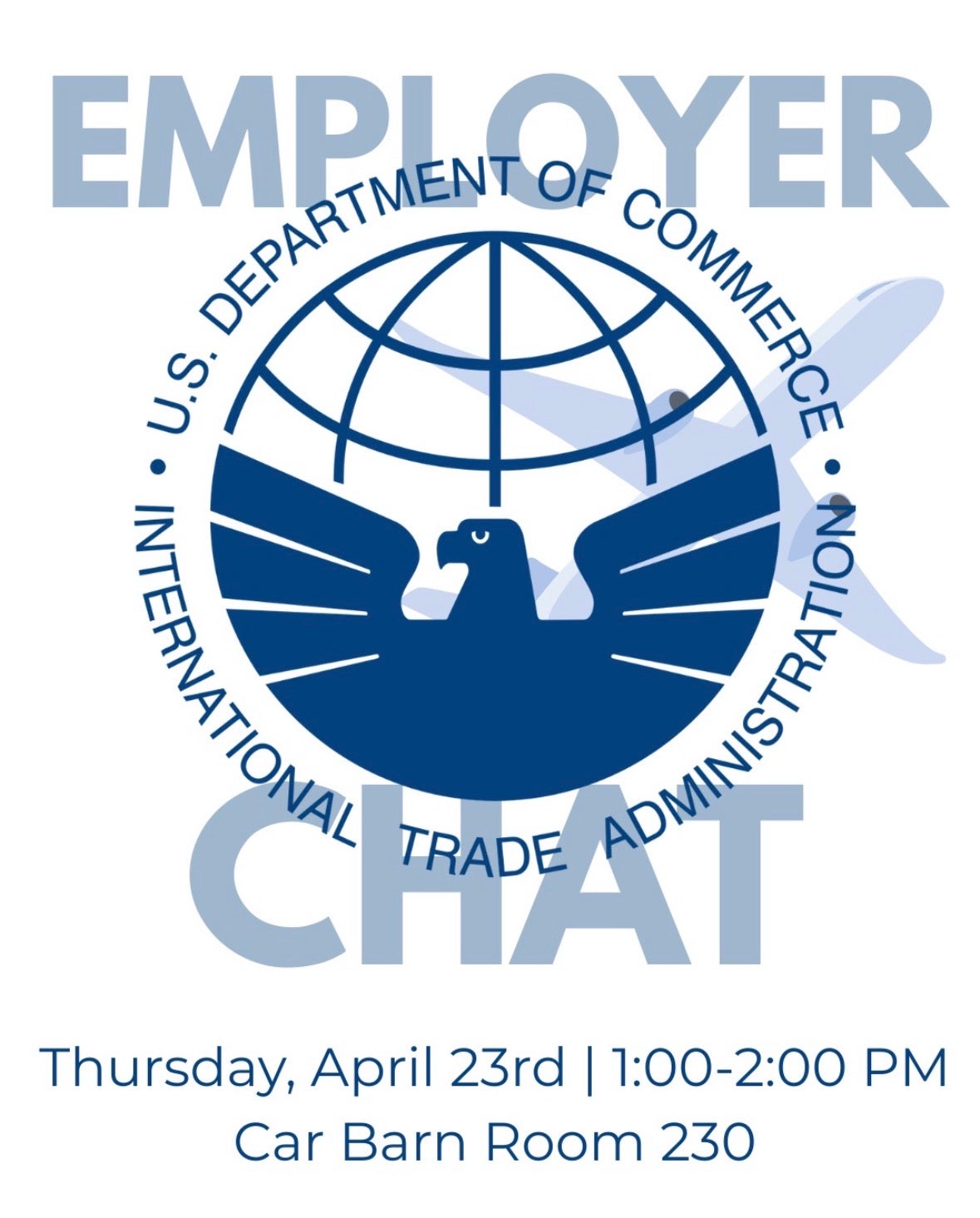 Event flyer for an employer chat with the International Trade Administration featuring a white background and blue logo