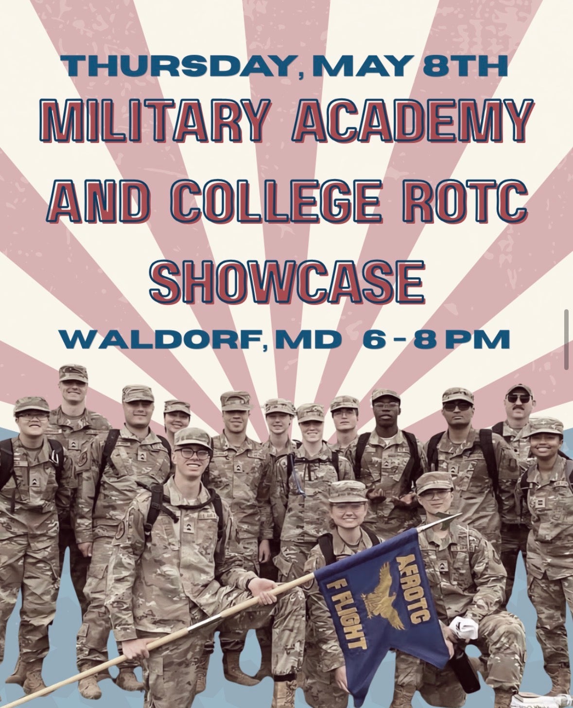 Event flyer for a military academy and college ROTC showcase with cadets posing on the bottom and red and white stripes on the top