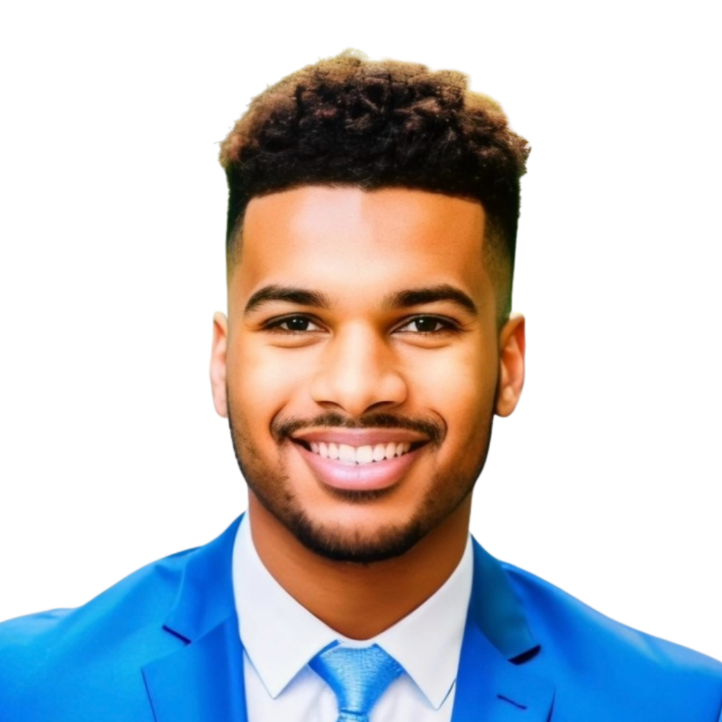 An African American man with short brown hair wearing a light blue suit with a blue tie