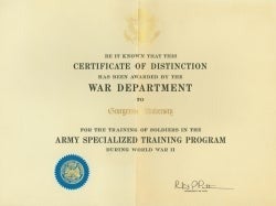 Certificate of distinction for Georgetown's Army Specialized Training Program from the War Department