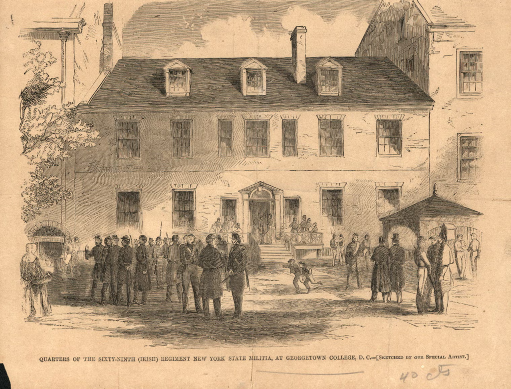 A drawing of soldiers and other people gathered in front of a short brick building